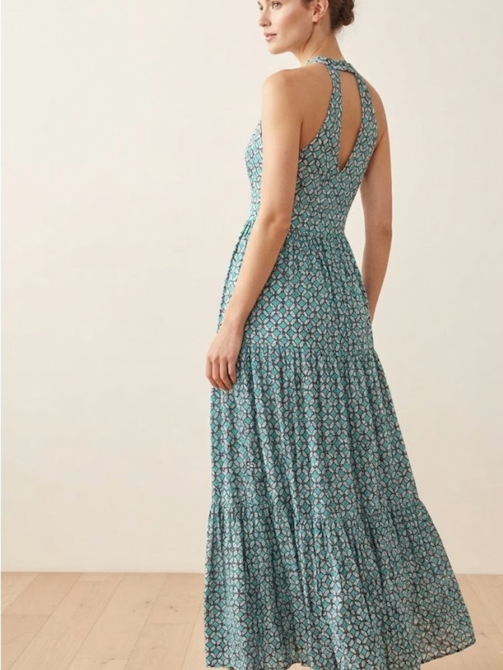 Maeve Anthropologie Teal Geometric Halter Tiered Maxi Dress Small